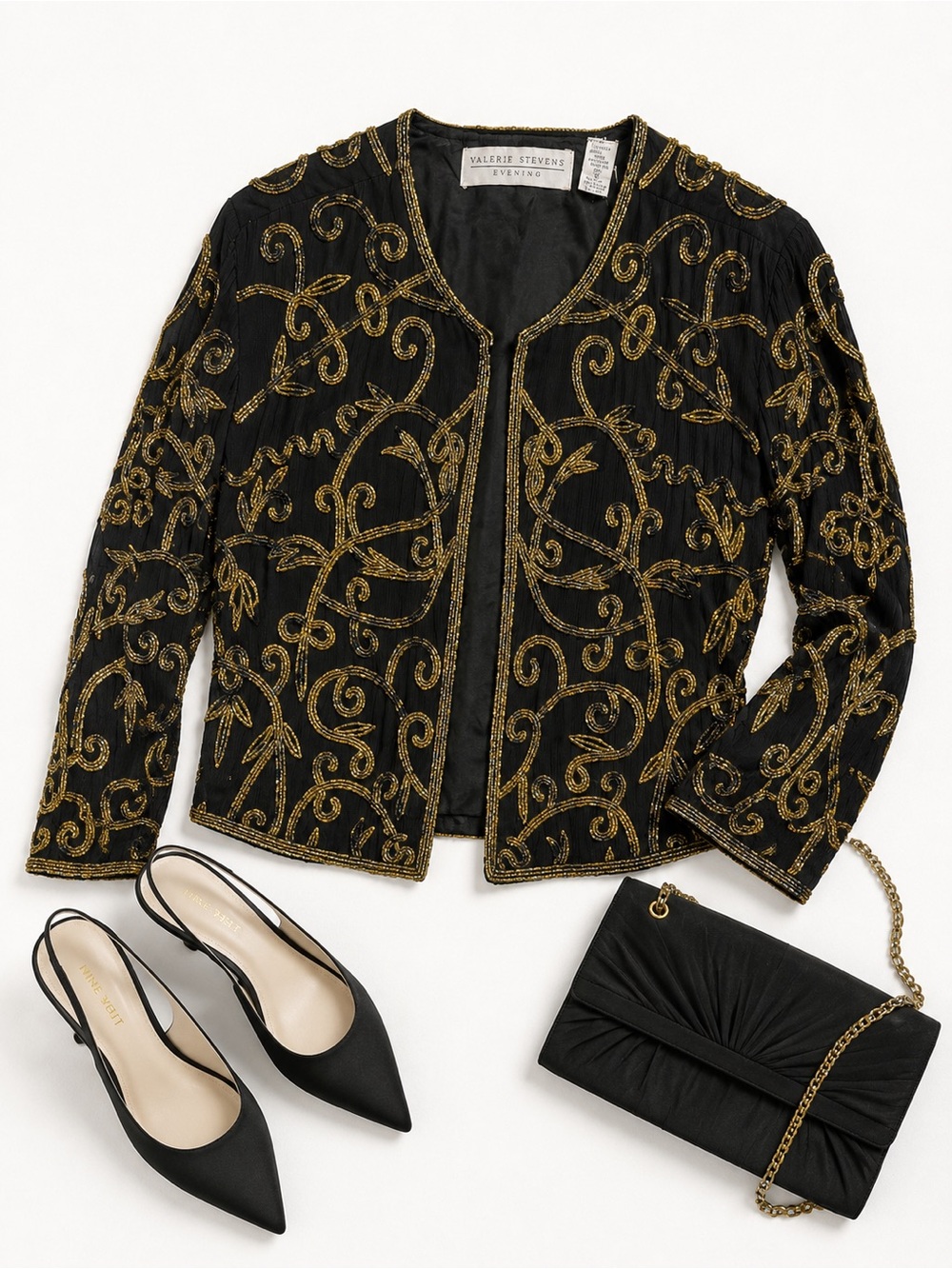 Vintage Valerie Stevens Evening Black Silk Gold Beaded Jacket Size 12